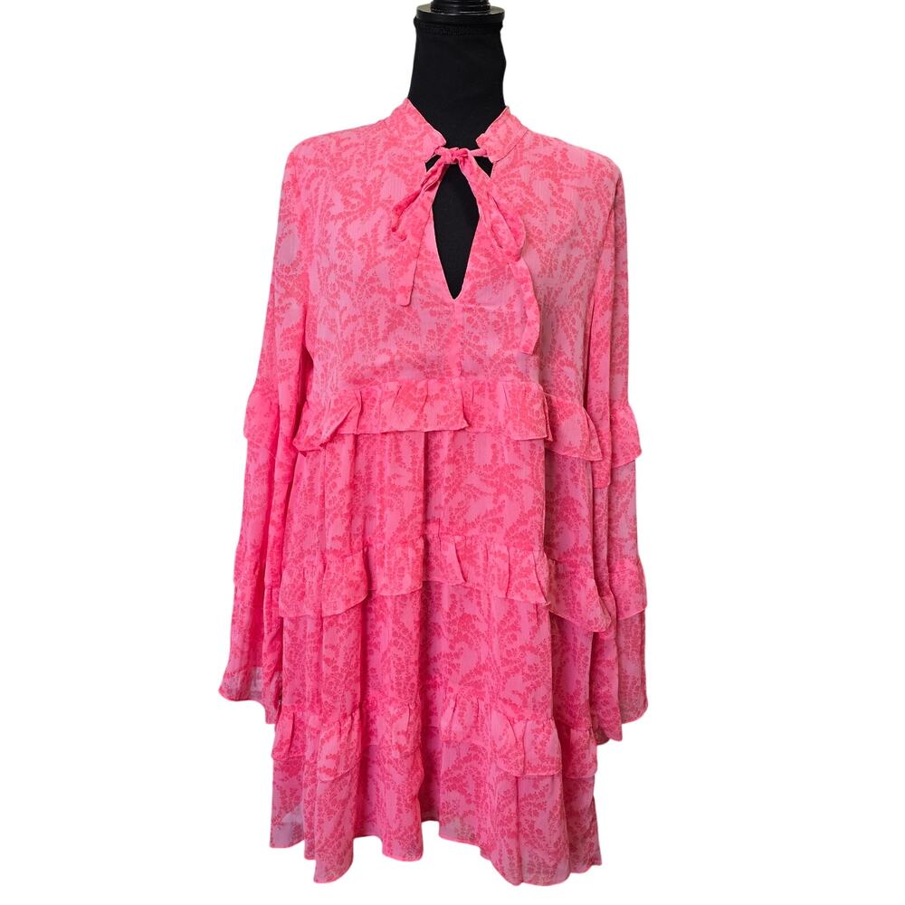 Karlie Pink Ruffled Tiered Long Bell Sleeve Sleeves Sz L